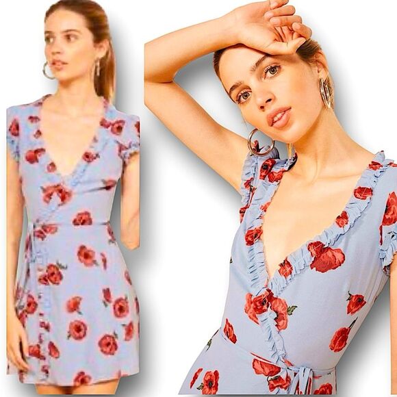 Reformation Garnet Wrap Dress Pelyana V-Neck Floral Print Dress In Blue Ref Sz S - Picture 4 of 16